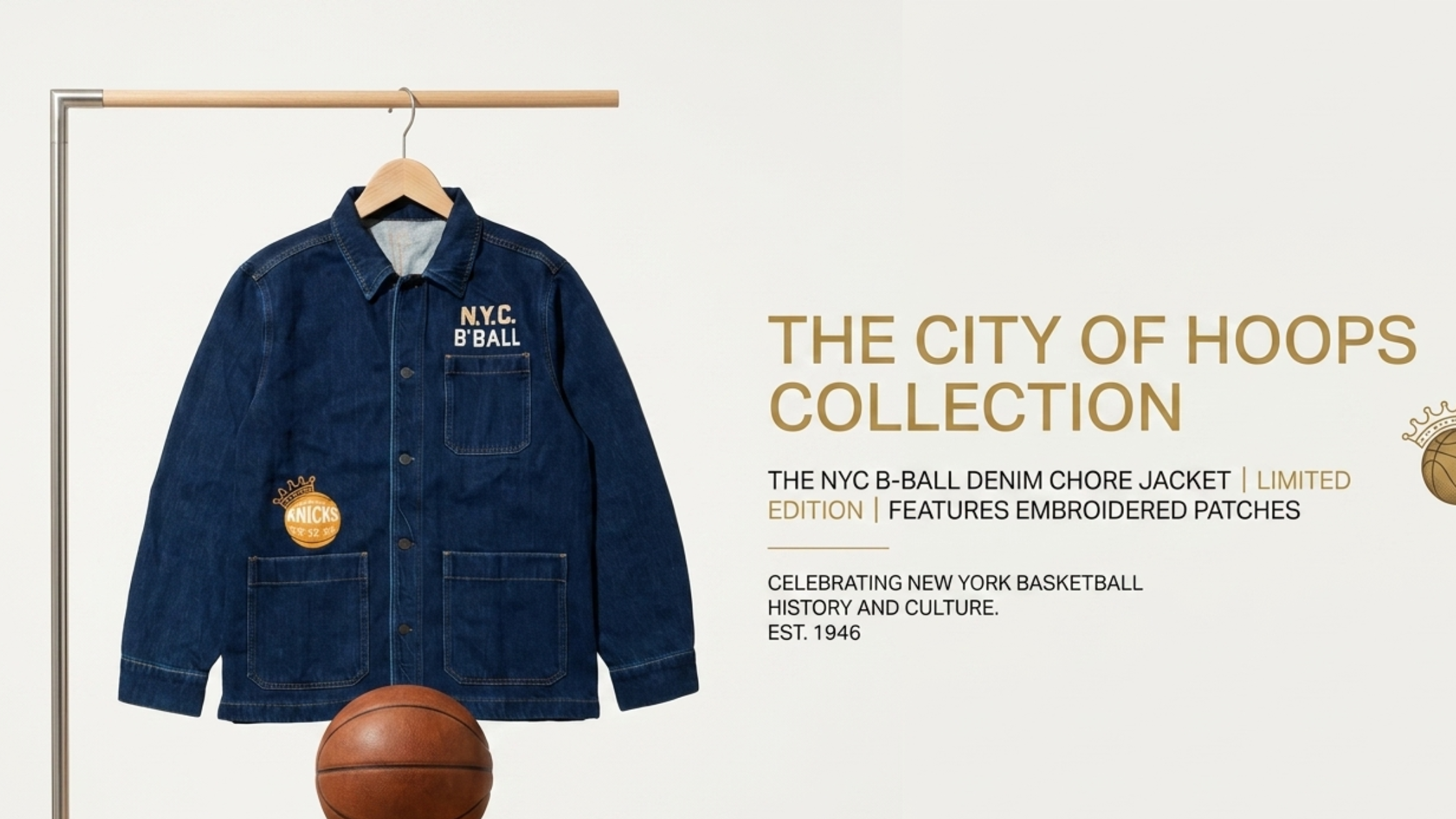 NY Knicks Championship Studio Jacket blue denim streetwear with basketball graphics and NYC-inspired details