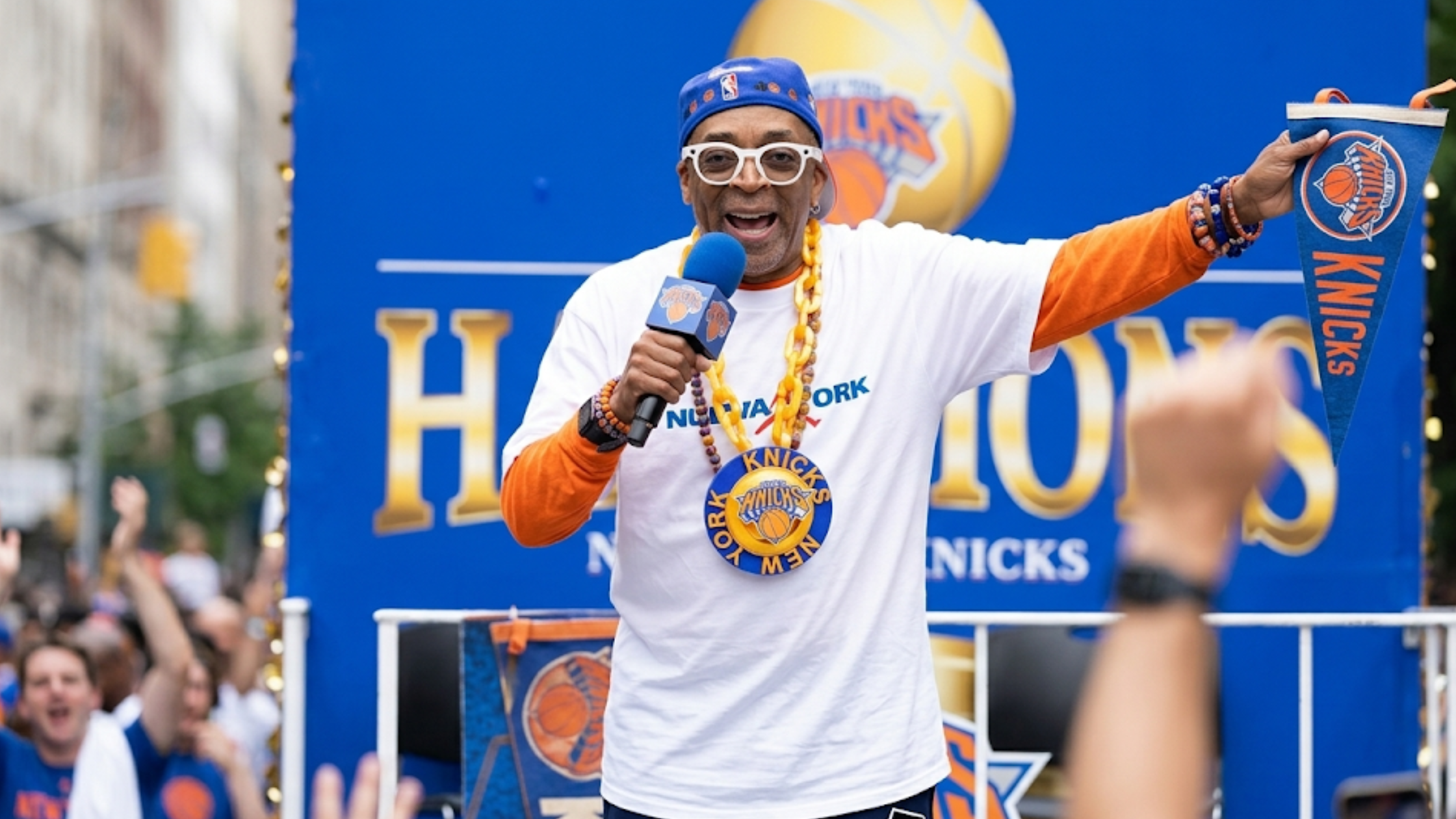 Spike Lee New York Knicks Championship 2026 white T-shirt with blue NEW YORK typography and parade-inspired styling