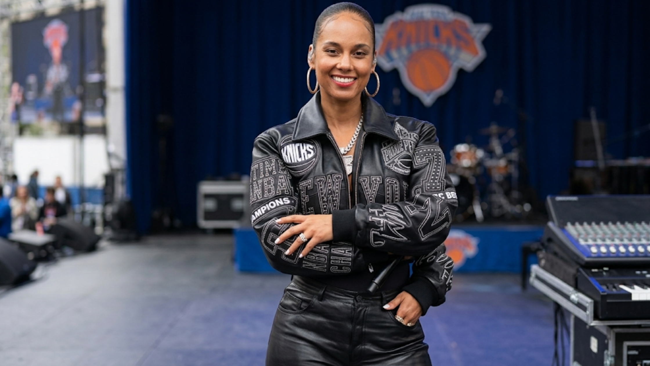 Alicia Keys New York Knicks championship black crystal varsity leather jacket with rhinestone embroidery and cropped silhouette