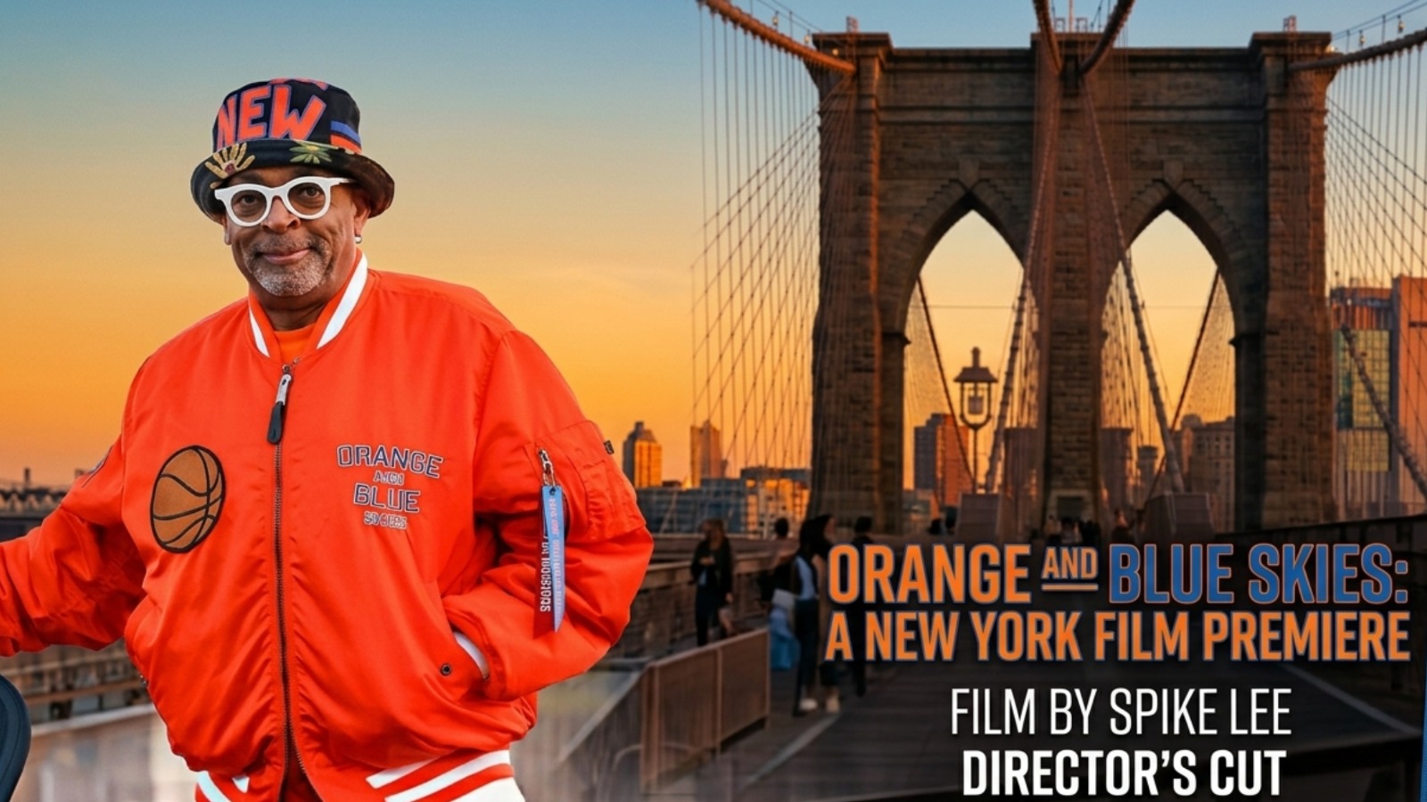 Spike Lee 2026 NBA Finals New York Knicks orange satin varsity bomber jacket with ribbed striped trims, front zipper, and sleeve utility pocket