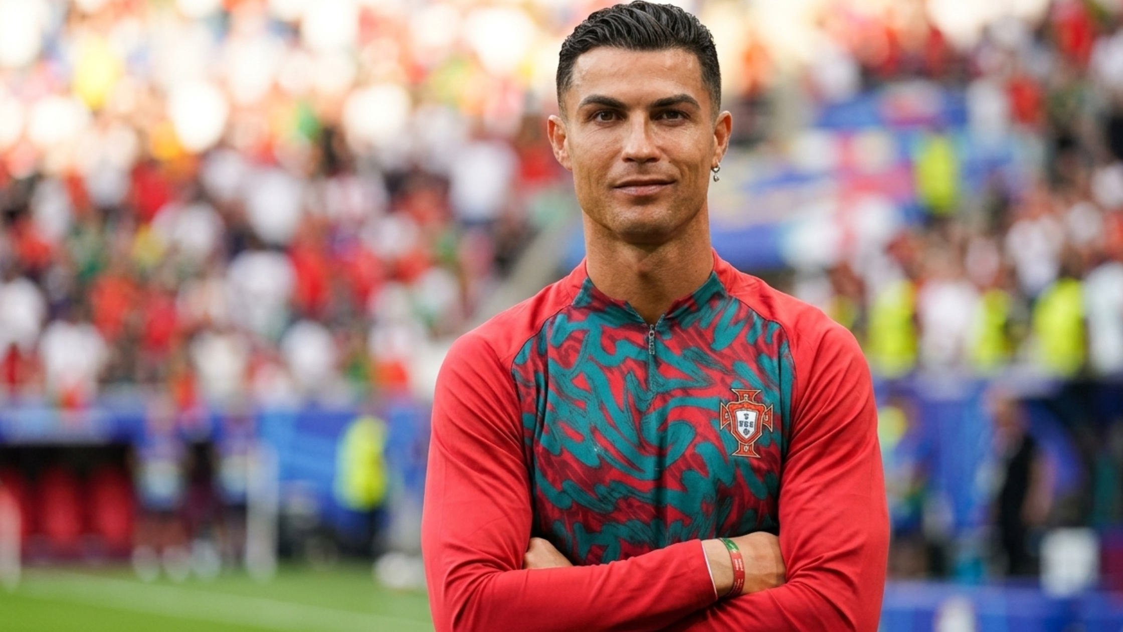 Cristiano Ronaldo FIFA World Cup 2026 Portugal Red Training Jersey with Teal Abstract Brushstroke Design and Quarter-Zip Collar