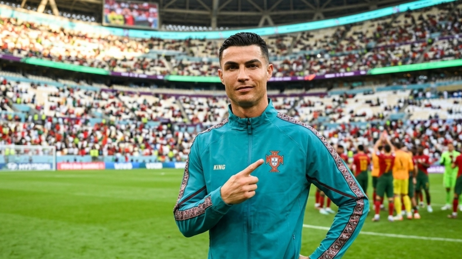 Cristiano Ronaldo FIFA World Cup 2026 teal track jacket featuring FPF crest, KING logo, geometric sleeve tape, stand-up collar, and full-zip front.