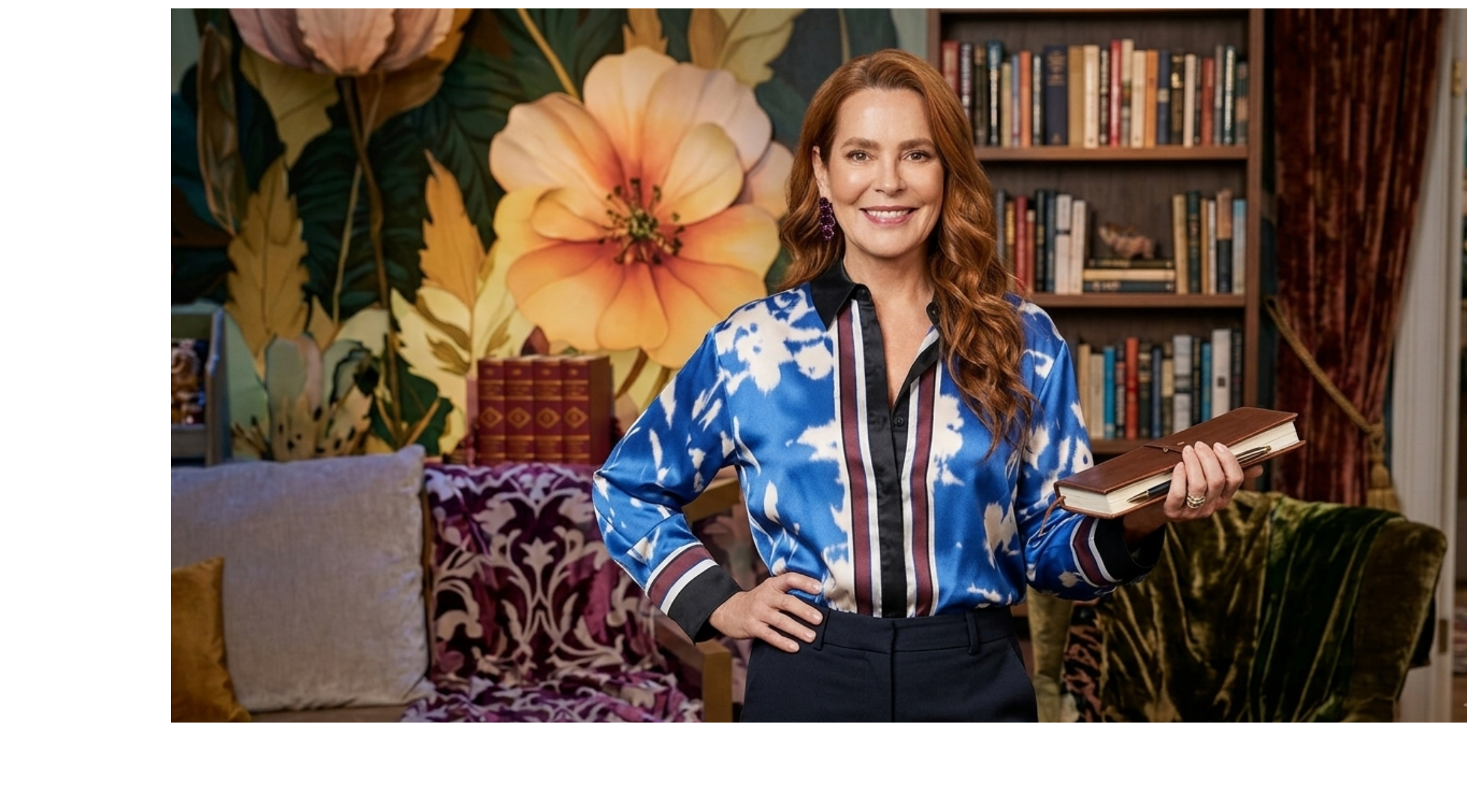 Casados A Primeira Vista S06 Cris Carvalho blue floral print shirt with burgundy striped placket and black collar