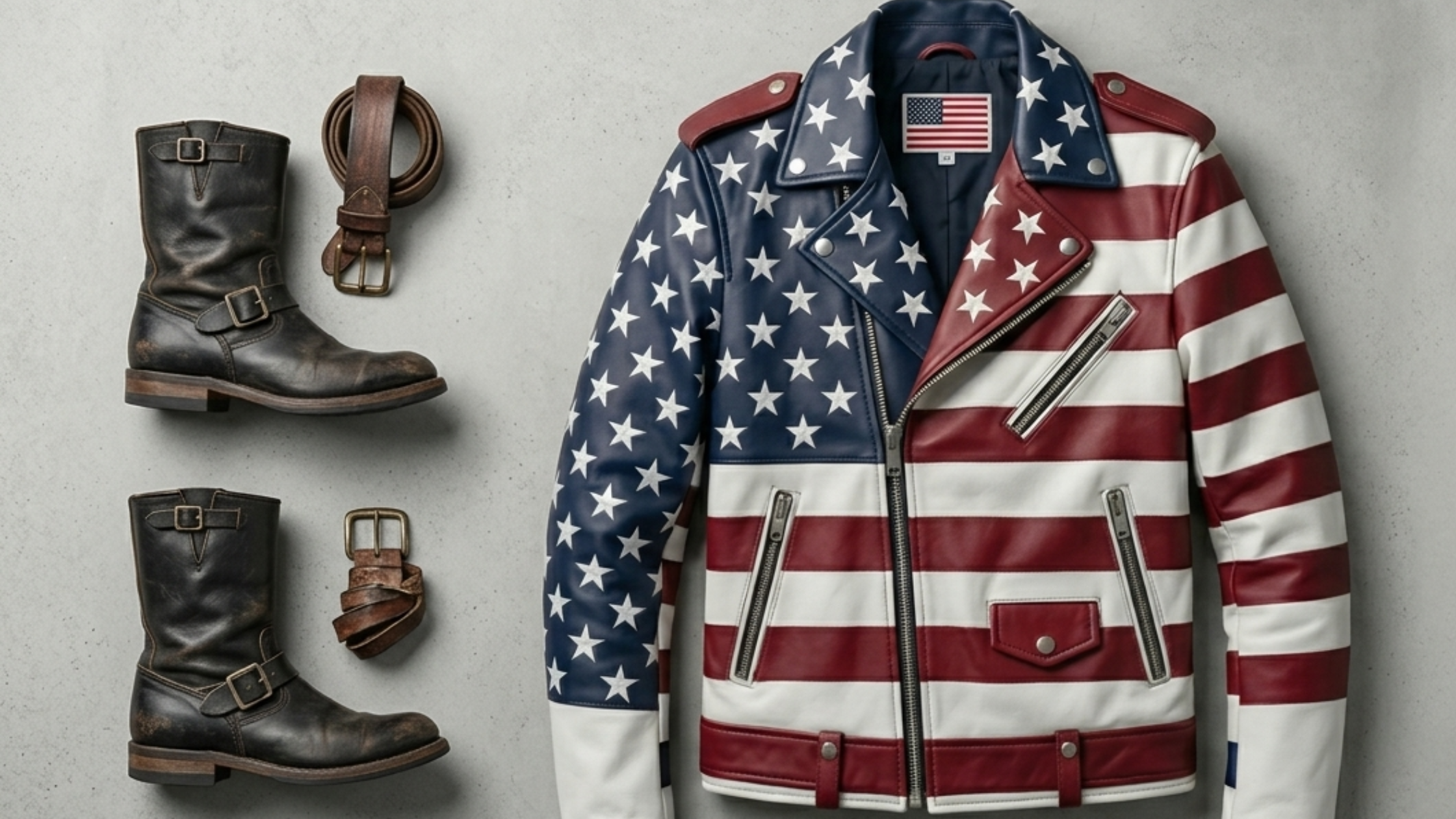 Independence Day American Flag Leather Jacket with asymmetric biker design, featuring stars and stripes, navy red white leather panels, and silver hardware