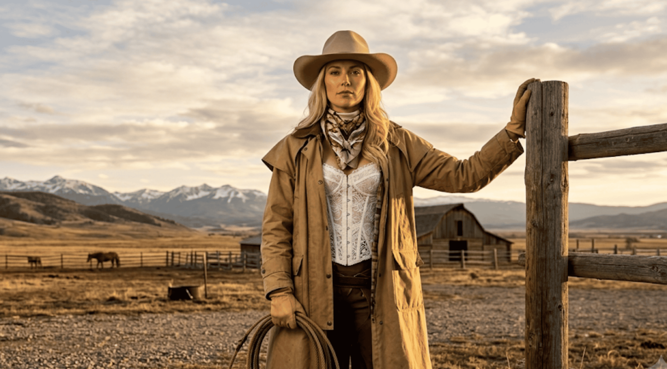 Beth Dutton from Yellowstone S01 standing on a ranch at sunset, wearing her iconic brown cotton duster coat with a shoulder cape, wide collar, and concealed front closure.