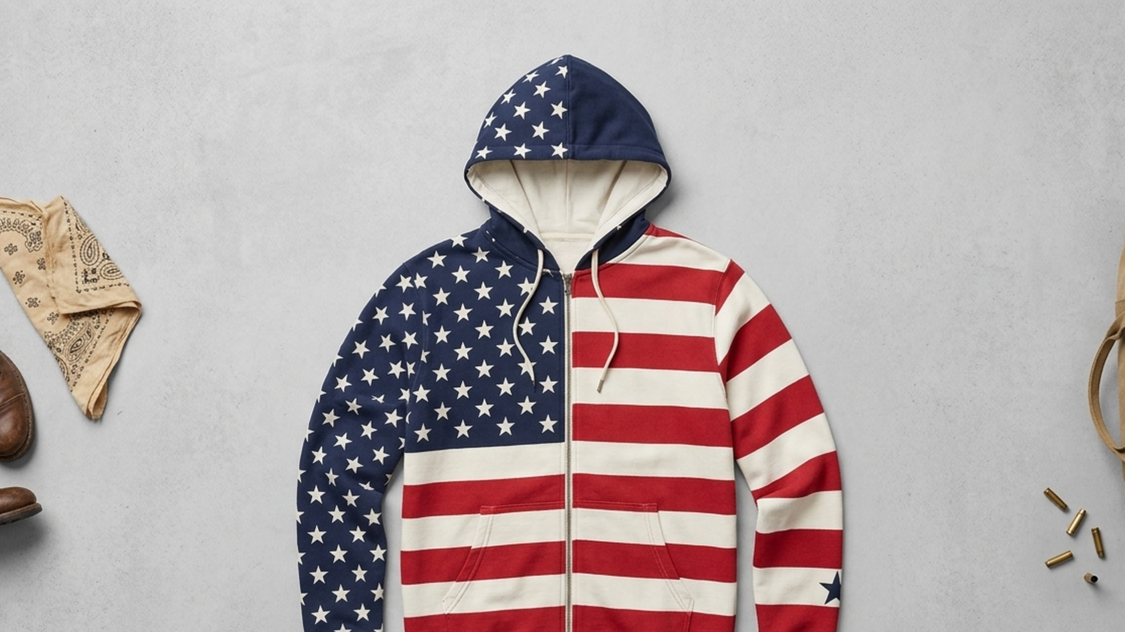 Independence Day American Flag Zip-Up Hoodie featuring split navy stars and red stripes design with full-zip front, cream drawstrings, and kangaroo pocket in patriotic streetwear style