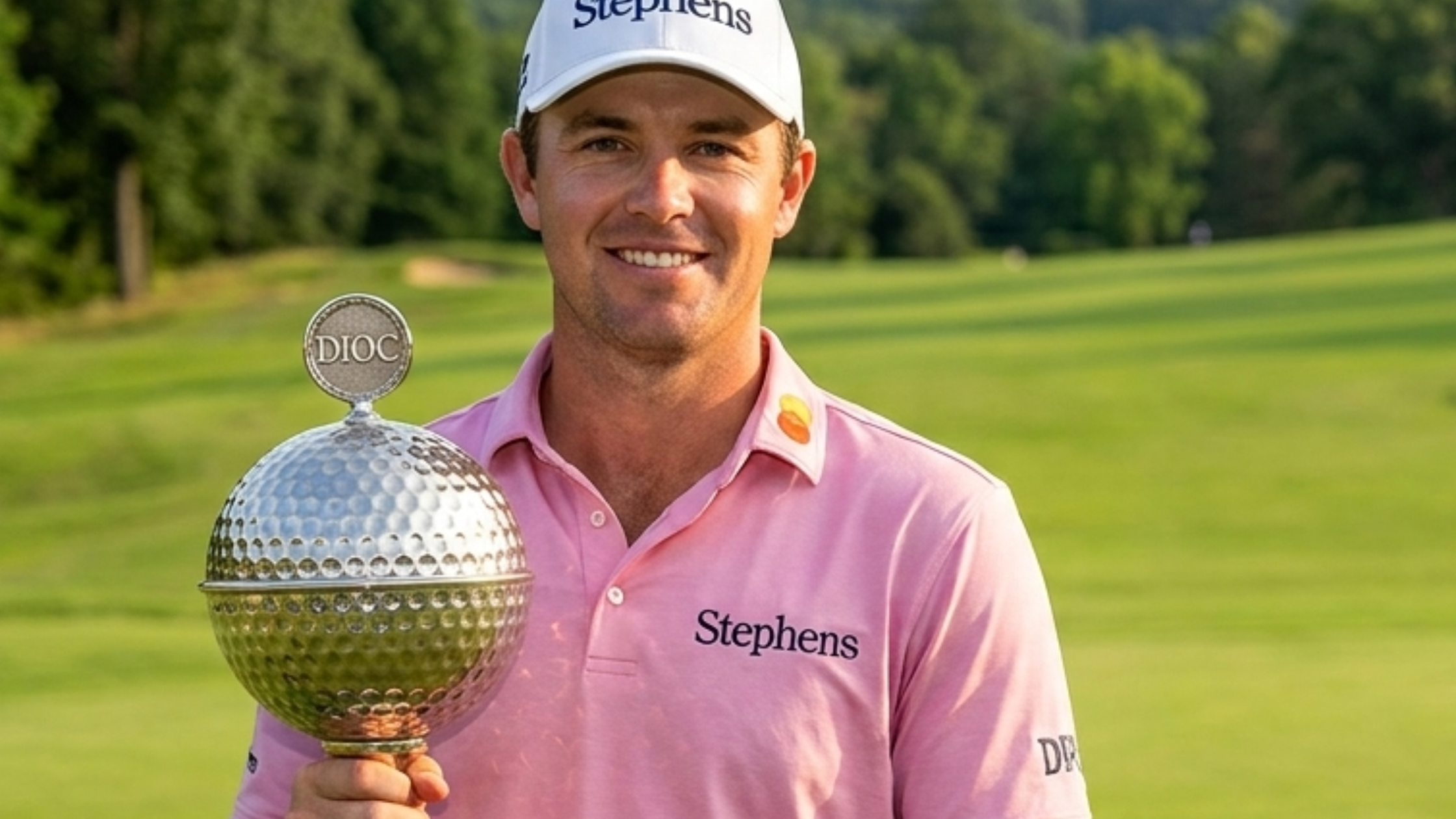 Dicky Pride DICK’S Open 2026 light pink striped performance golf polo shirt styled with white cap, compression sleeves, and trophy-inspired championship look