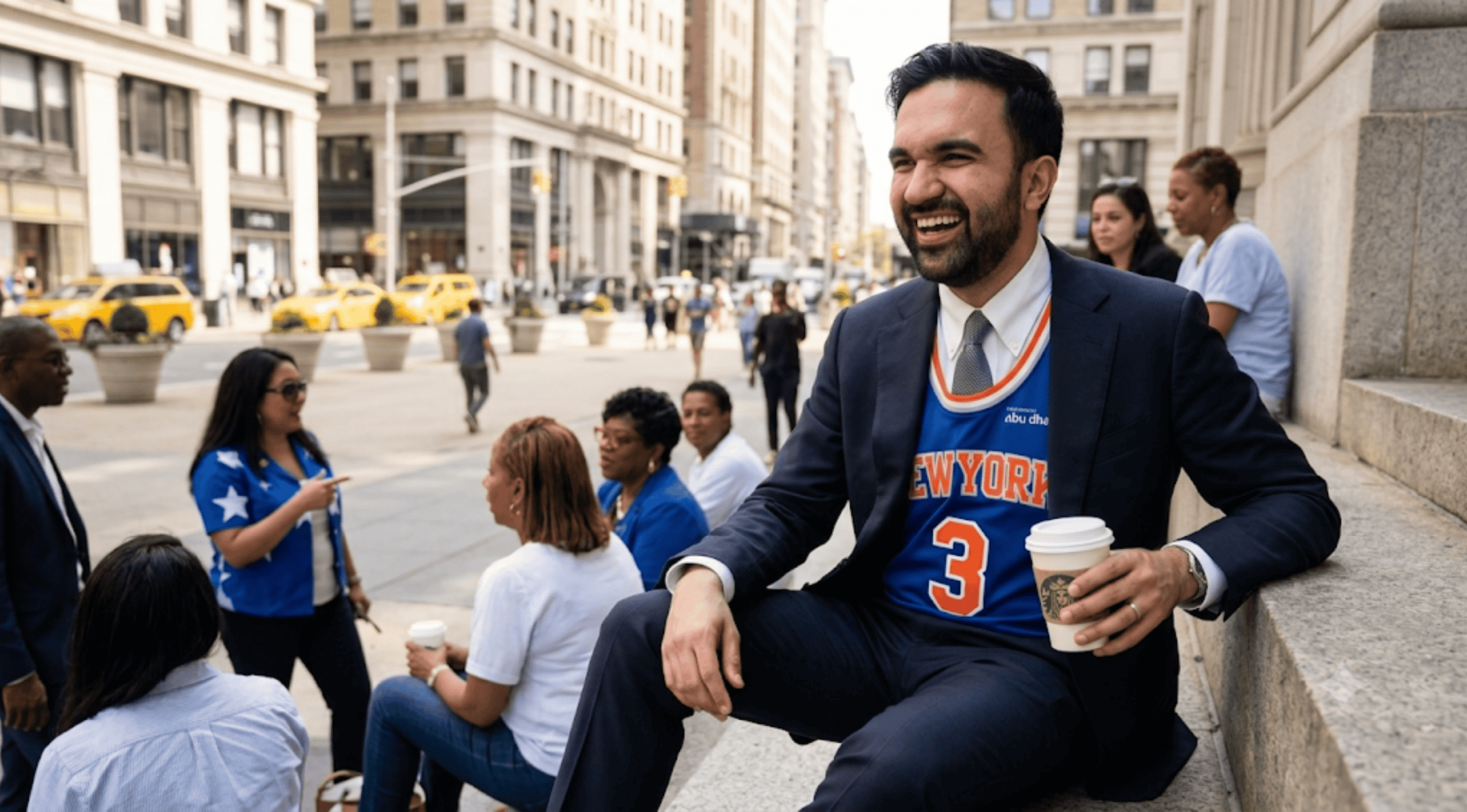 A close-up of the royal blue Zohran Mamdani inspired New York basketball jersey number 3, featuring orange block lettering outlined in white and a small sponsor logo on the chest.