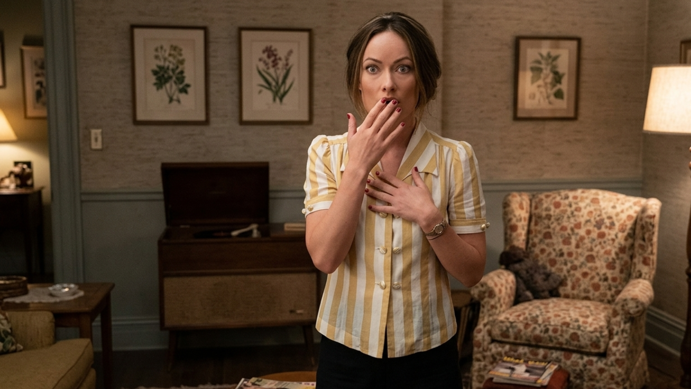 Olivia Wilde The Invite 2026 Yellow Striped Shirt